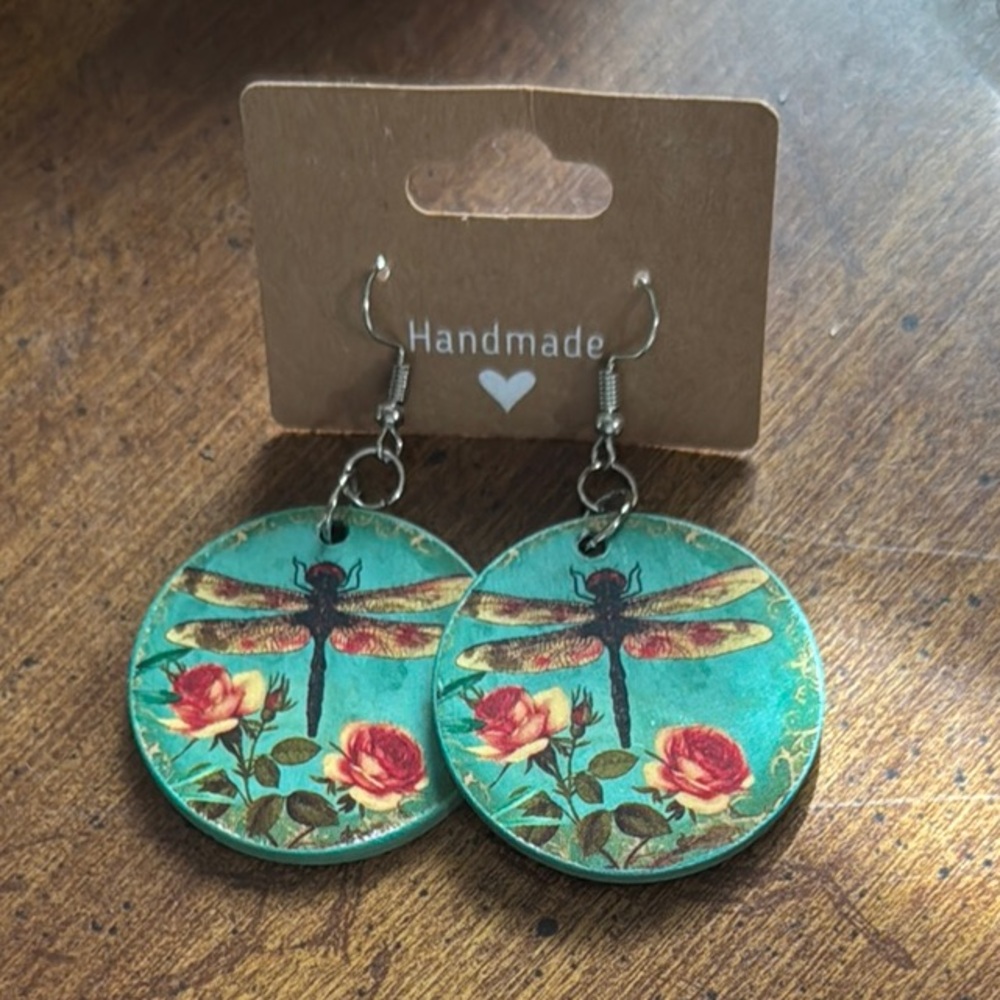 Turquoise Dragonfly and Rose Earrings